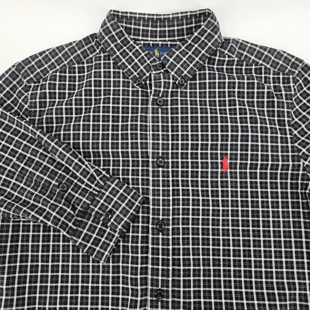 Ralph Lauren Kids XL 18-20 Navy Blue White Grid Check Button Down Shirt Cotton